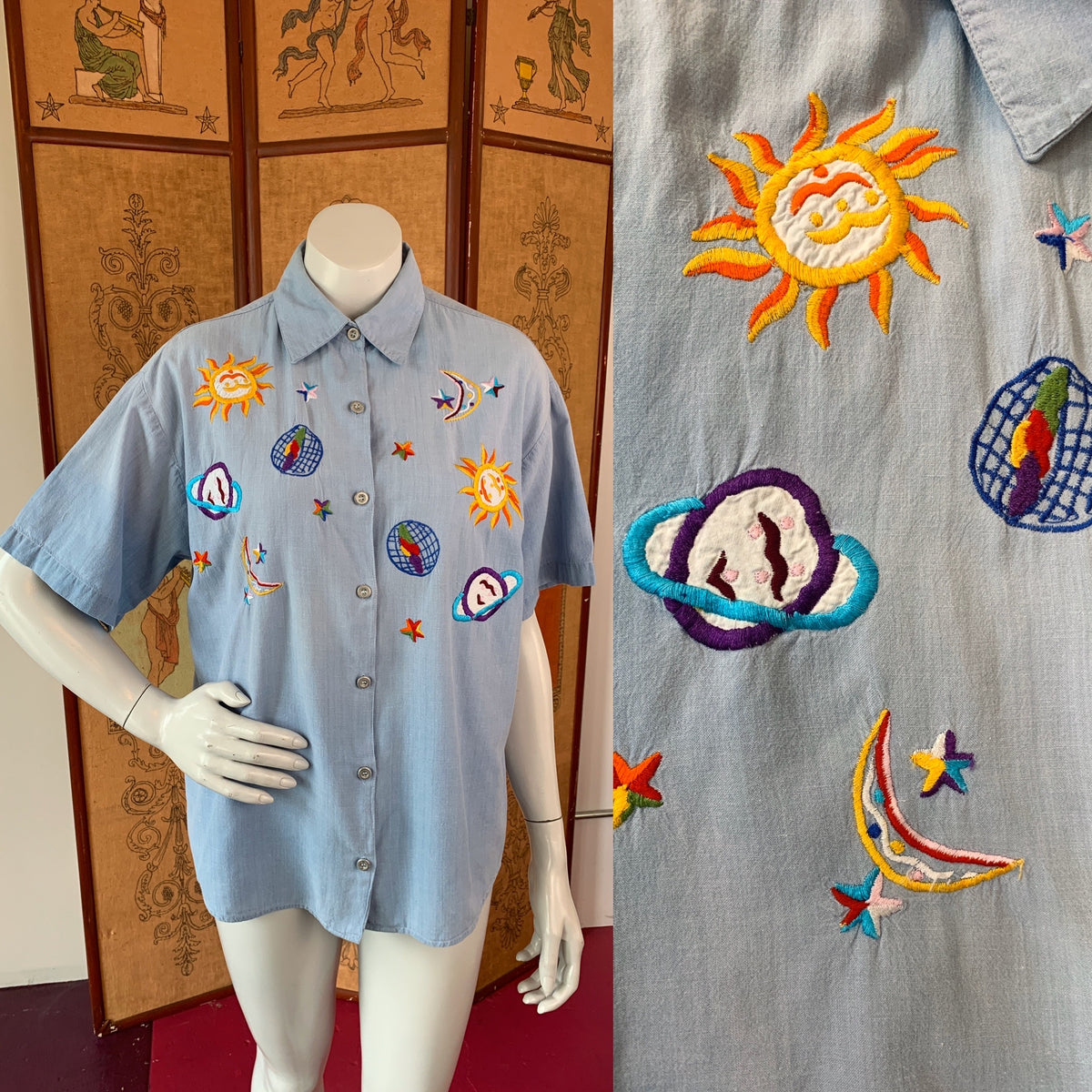 Bill Blass Celestial Embroidered Chambray Short Sleeve Button Up Shirt — vintage Bill Blass top