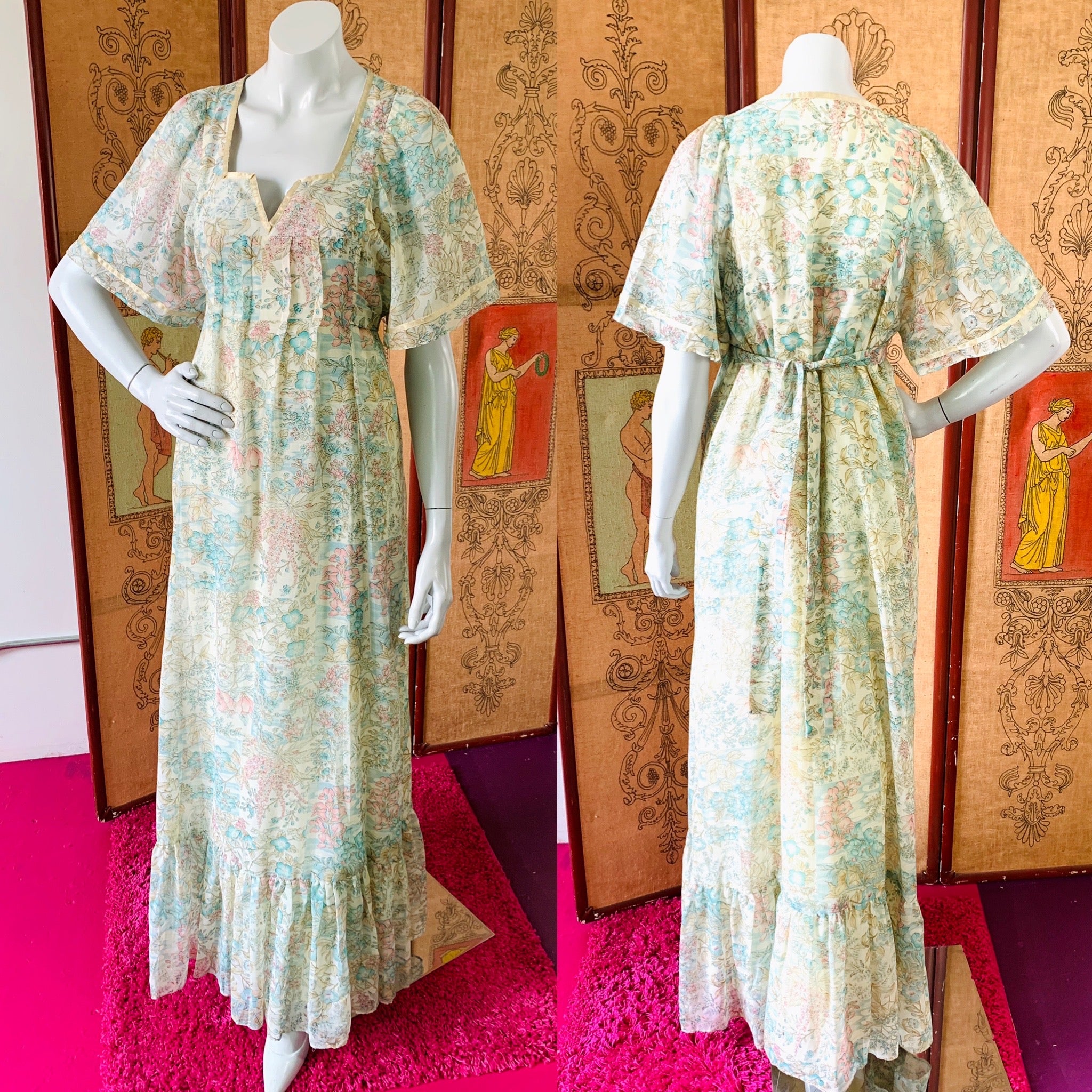 Ethereal 1970s Floral Sky Print Maxi Dress Gown — vintage 1970s dress in ivory