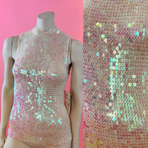 Iridescent Square Sequin White Rayon Knit Sleeveless Top