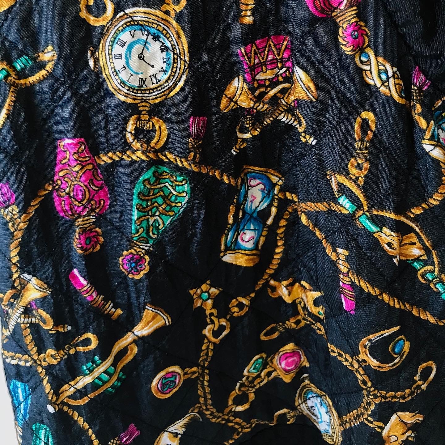 Black & White Quilted Detail Jeweled Charm Print Sporty Nylon Jacket — vintage 1990s jewellery in black, white