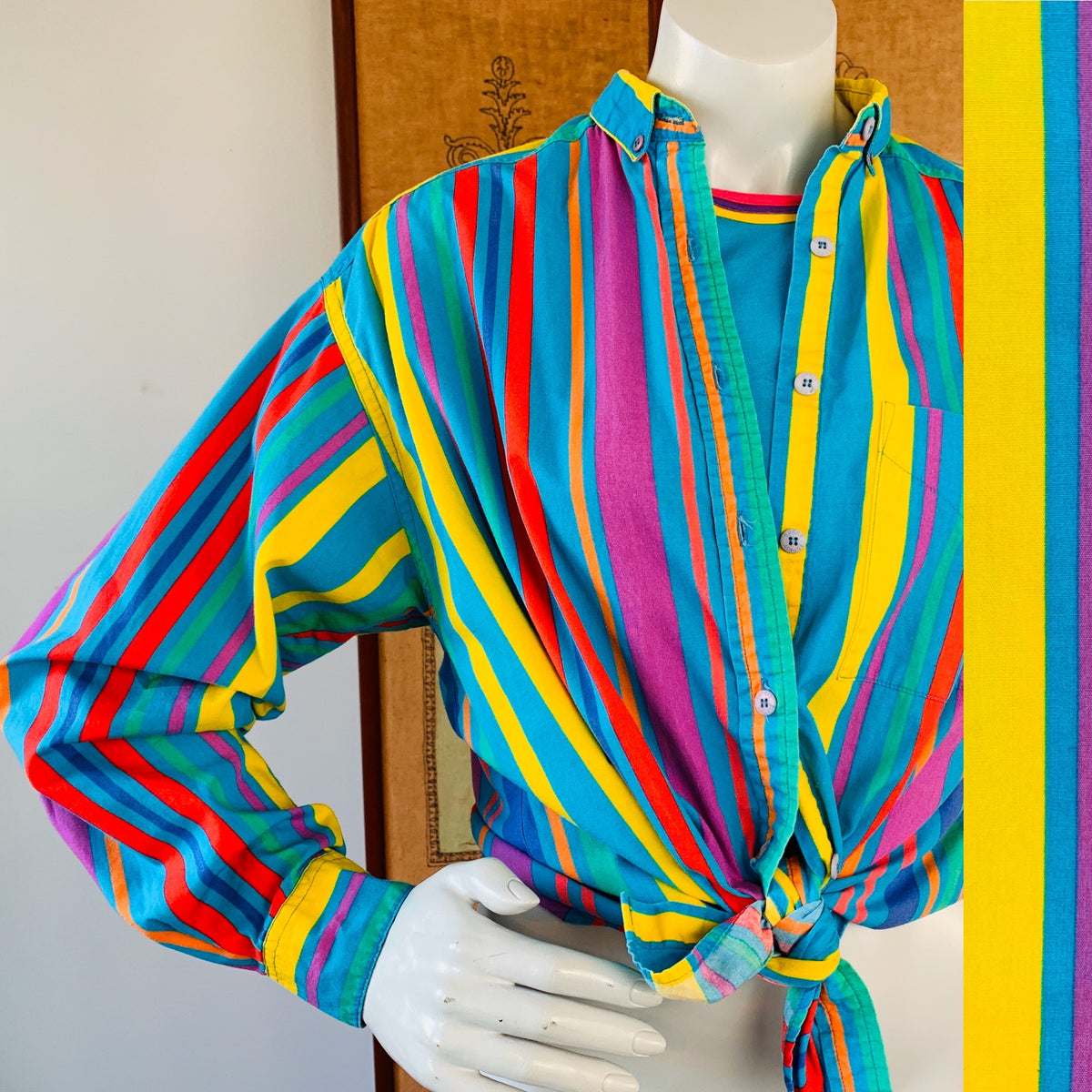 Striped Esprit Sport 90s Colorful Long Sleeve Button Up Shirt — vintage 1990s top in blue, multicolour