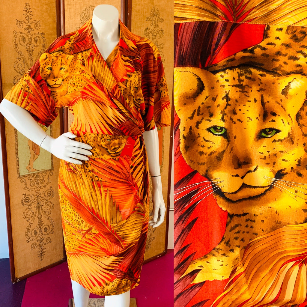 Silk Leopard Print Wrap Dress — vintage 1980s Linda Allard for Ellen Tracy dress in red, orange, brown