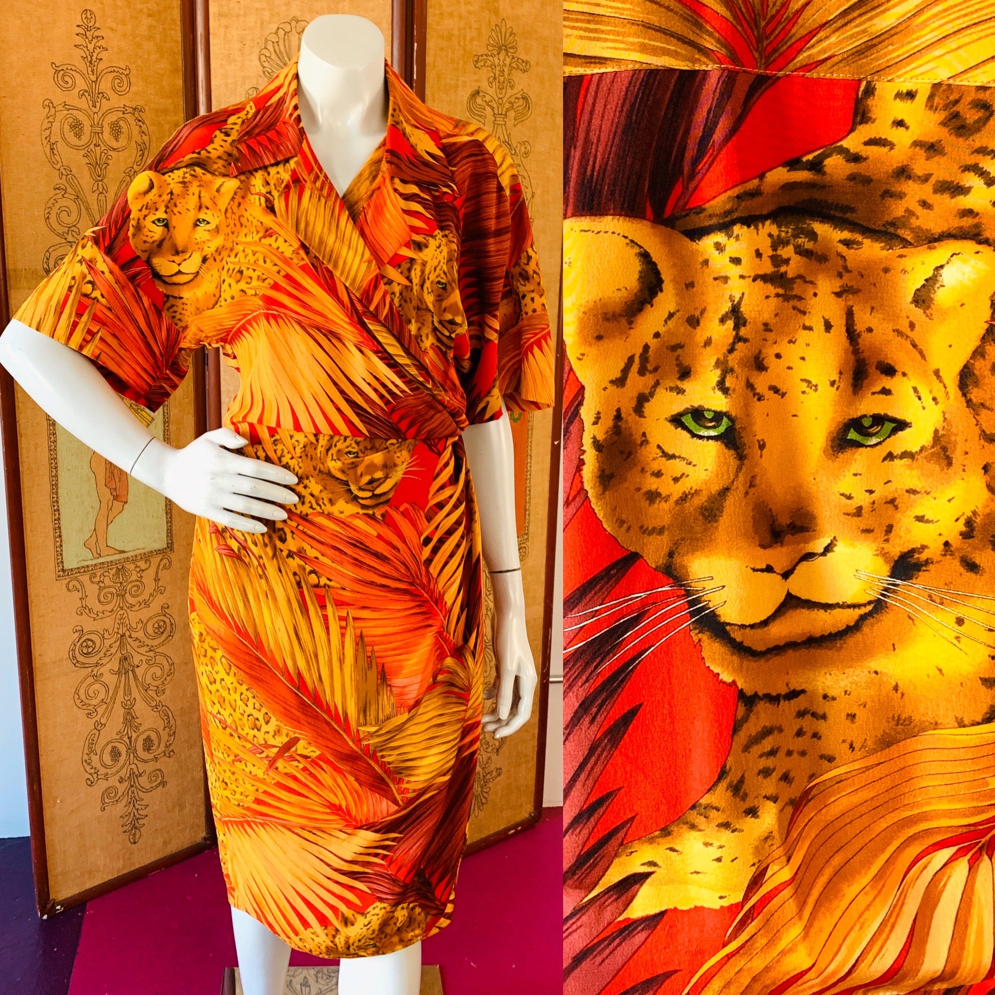 Silk Leopard Print Wrap Dress — vintage 1980s Linda Allard for Ellen Tracy dress in red, orange, brown