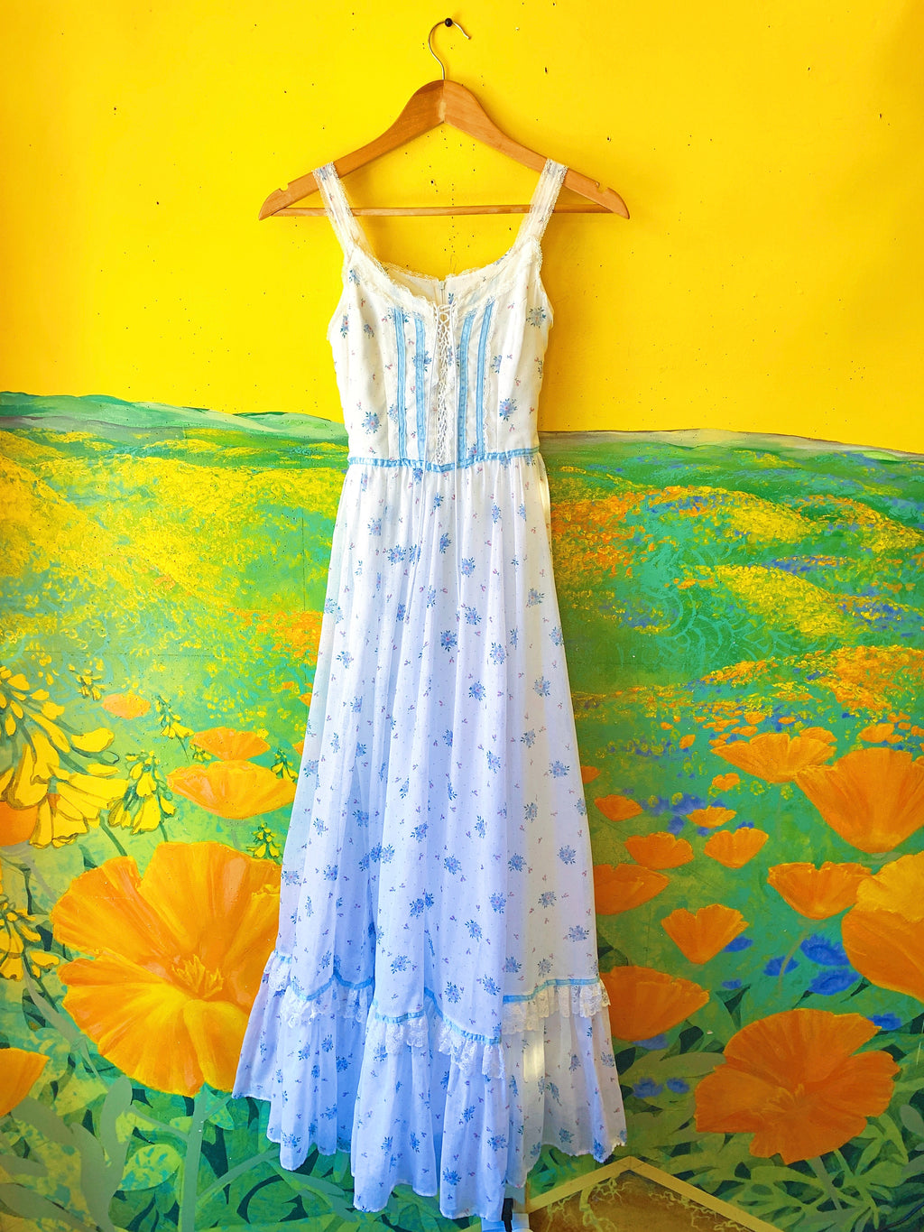 White & Blue Floral Gunne Sax Sleeveless Maxi Dress. Sold exclusively at Empress Vintage in Berkeley, CA.