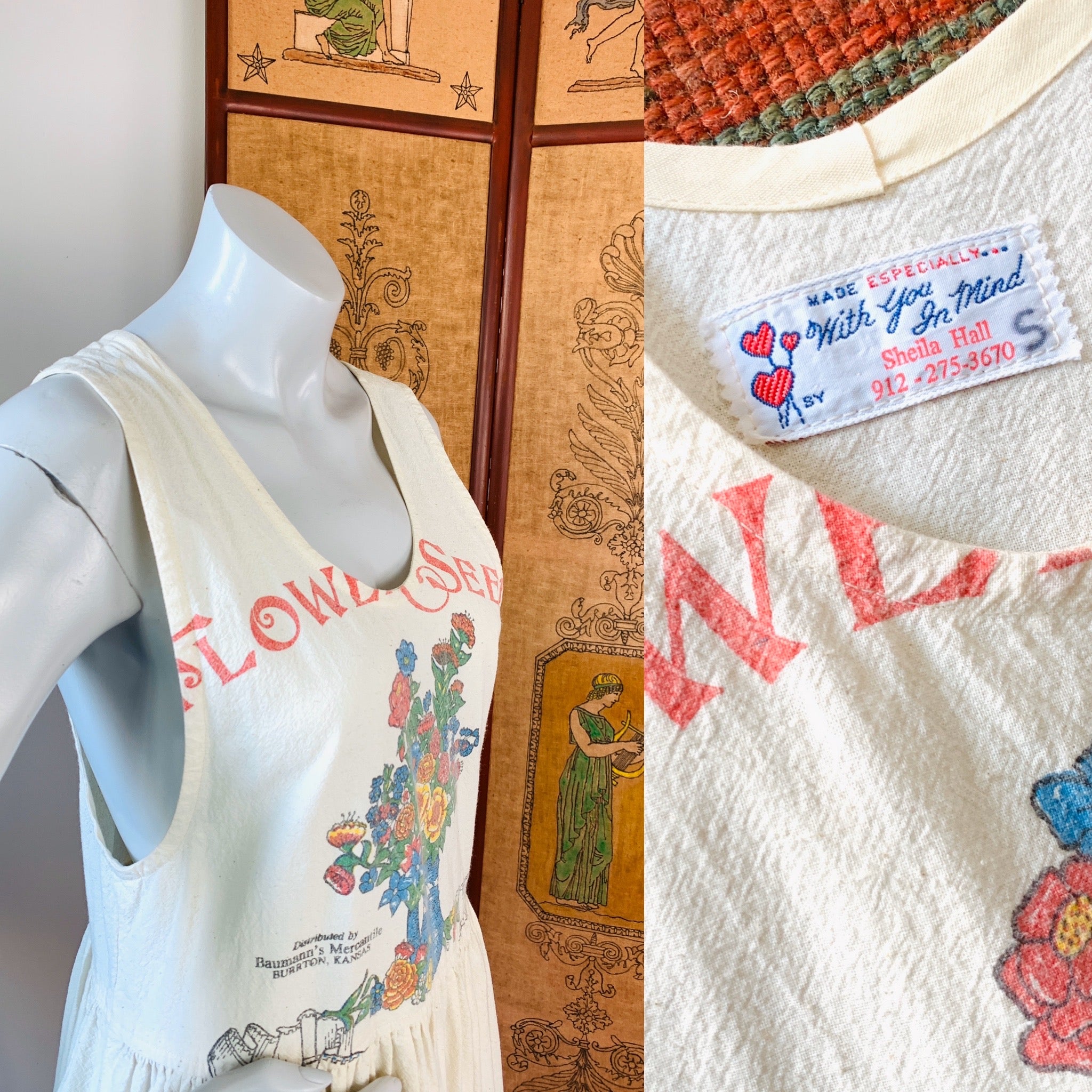 Cotton Flower Seed Sack Dress — vintage 1980s dress