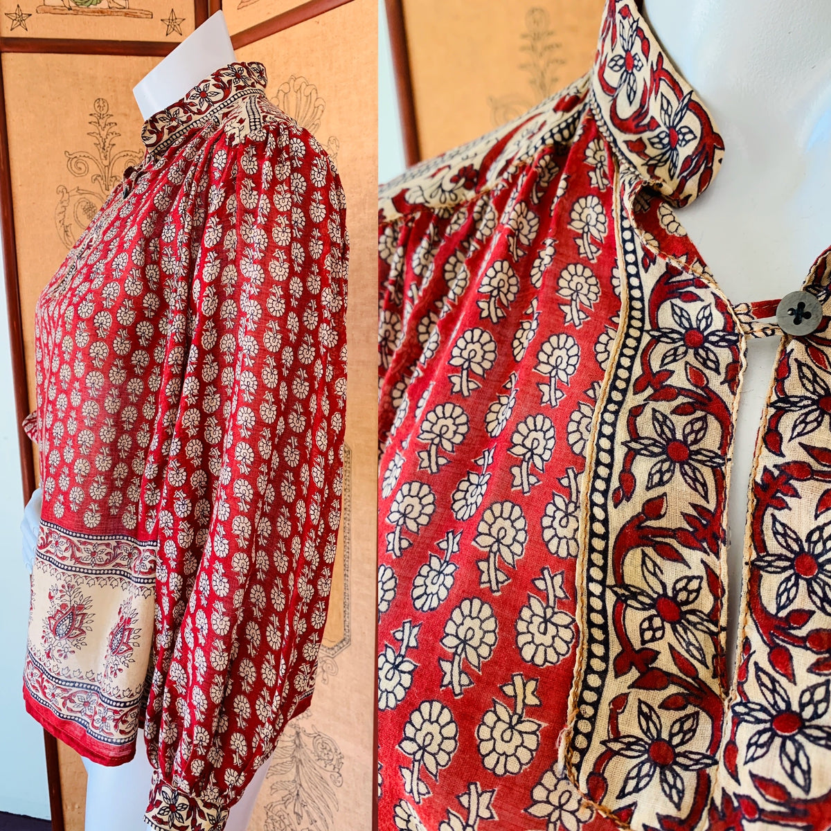 Red & Cream Floral Balloon Sleeve Indian Cotton Blouse — vintage 1970s top in ivory, red