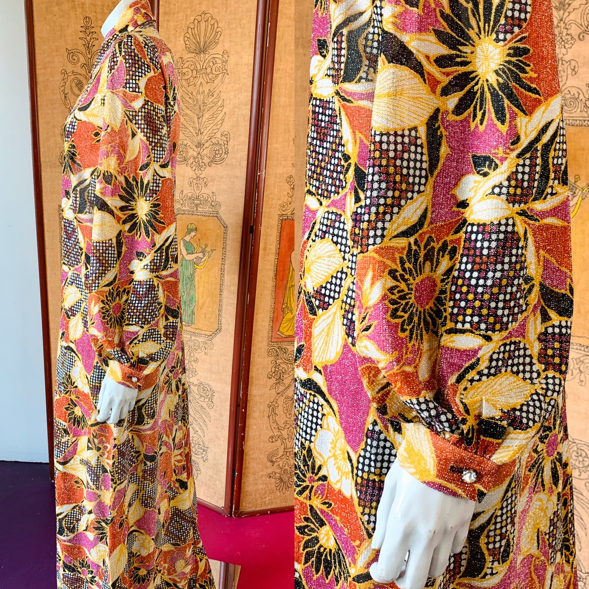 1970s Metallic Disco Maxi Dress Duster with Rhinestone Buttons — vintage 1970s dress in multicolour