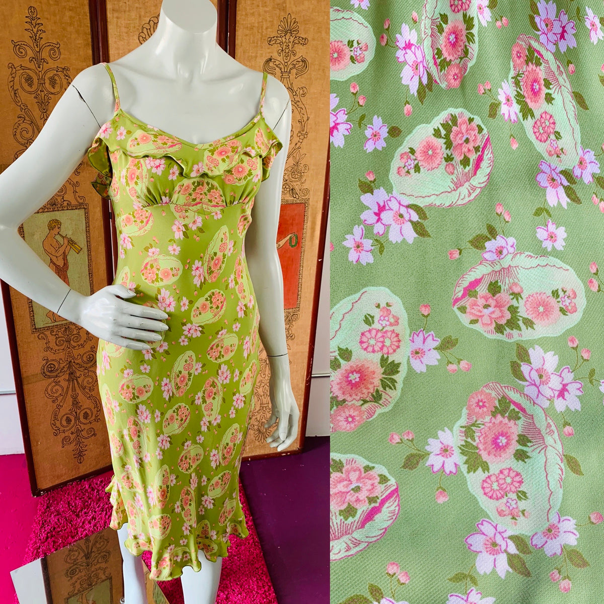 Sage Green Betsey Johnson 90s Pink Floral Satin Dress — vintage 1990s Betsey Johnson dress in pink, green