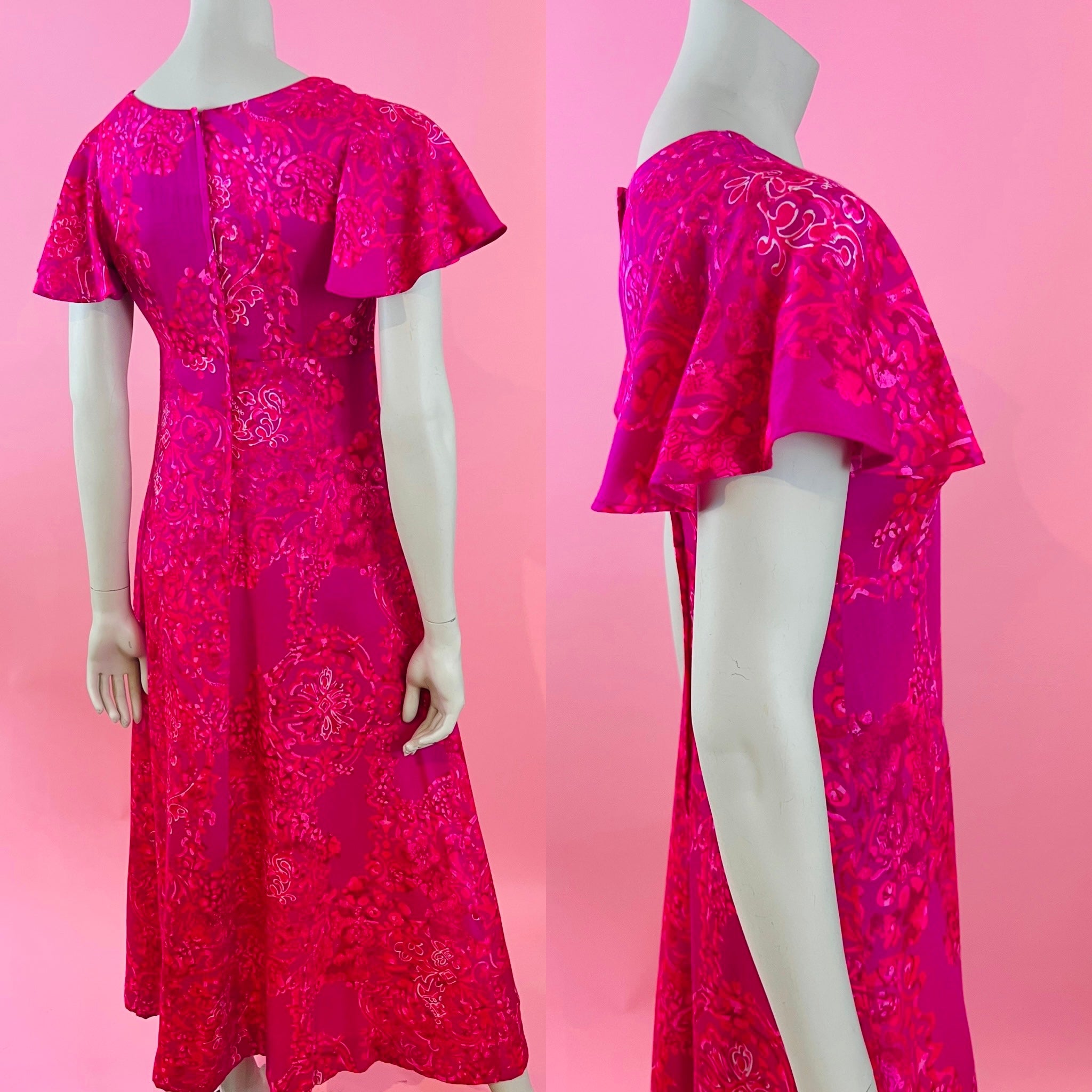 Hot Pink 60s/70s Flutter Sleeve Hawaiian Maxi Dress — vintage 1960s Sa-Ne dress in pink
