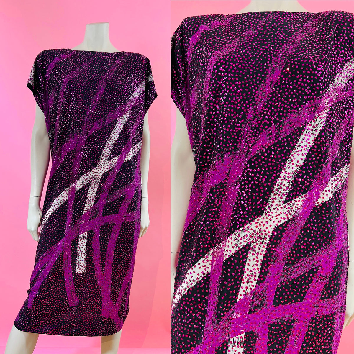 Magenta Glitter Saks Fifth Avenue 70s Disco Caftan — vintage 1970s Saks Fifth Avenue caftan in pink