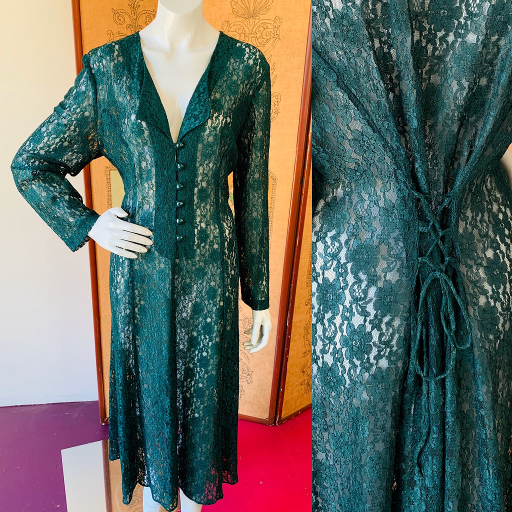 Forest Green Lace Up Back Full Lace Maxi Dress — vintage 1990s dress in green