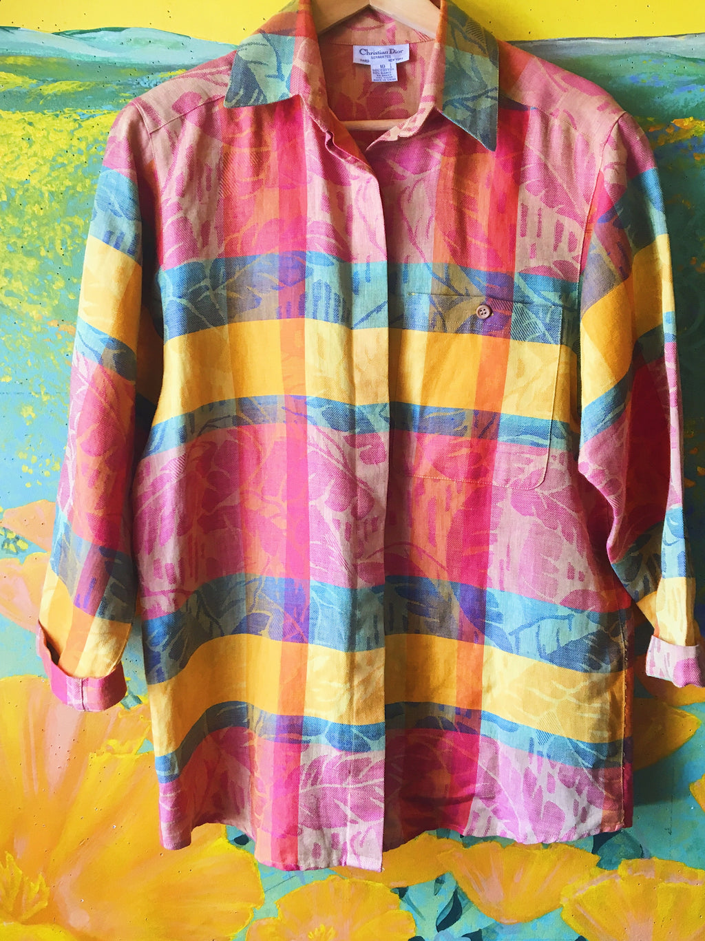 Vibrant Multi-Color Madras Checkered Button Down Blouse by Dior