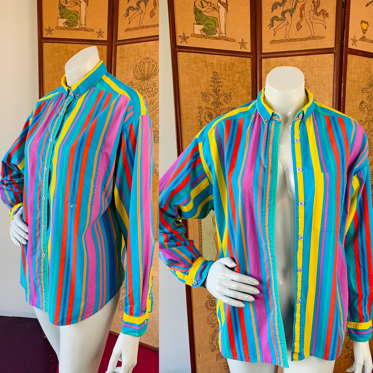 Striped Esprit Sport 90s Colorful Long Sleeve Button Up Shirt — vintage 1990s top in blue, multicolour