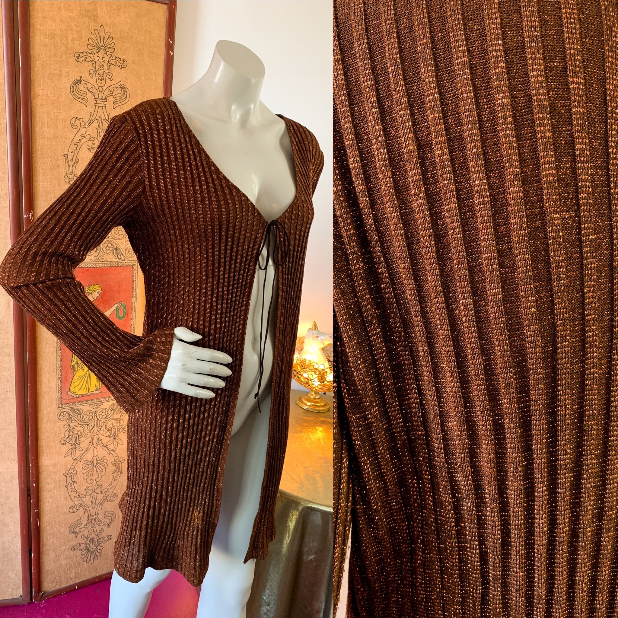 Groove is in the Heart 1990s Ribbed Metallic Copper Bell Sleeve Cardigan — vintage 1990s knit in brown