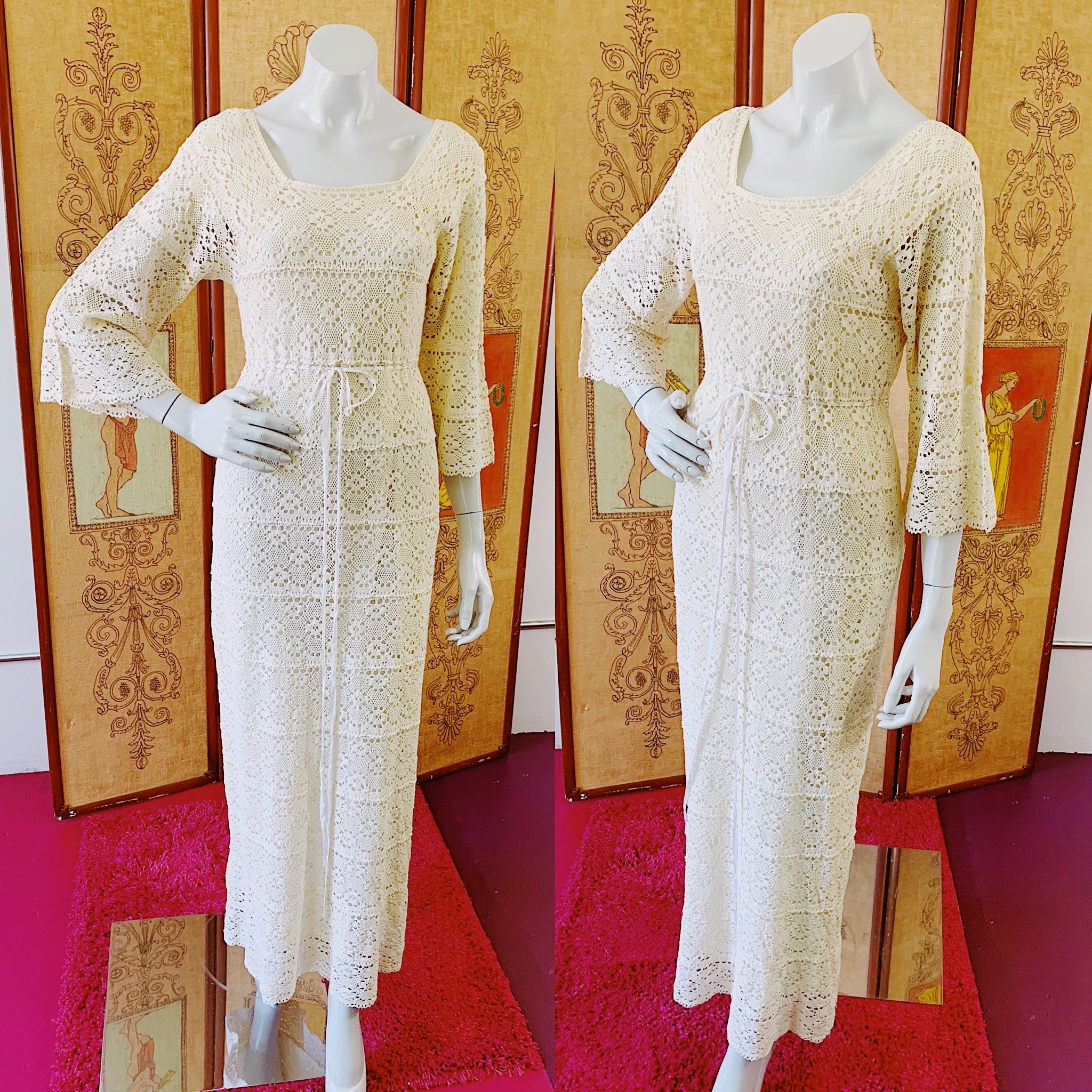 Bell Sleeve Cream Crochet 1970s Maxi Gown — vintage 1970s dress in ivory