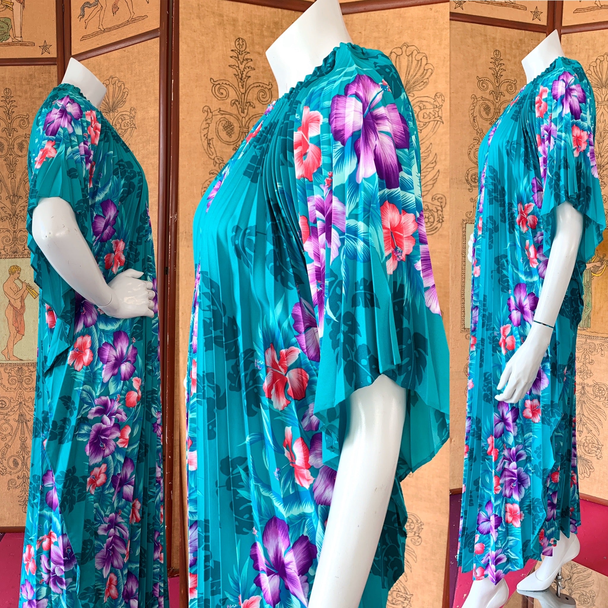 Tropical Green Crystal Pleated 70s Caftan — vintage 1970s caftan in green