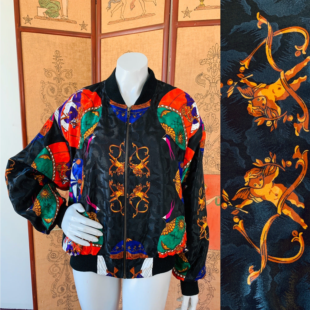 Hot Air Balloon Cherub Print 80s Jacket — vintage 1980s jacket in black, multicolour