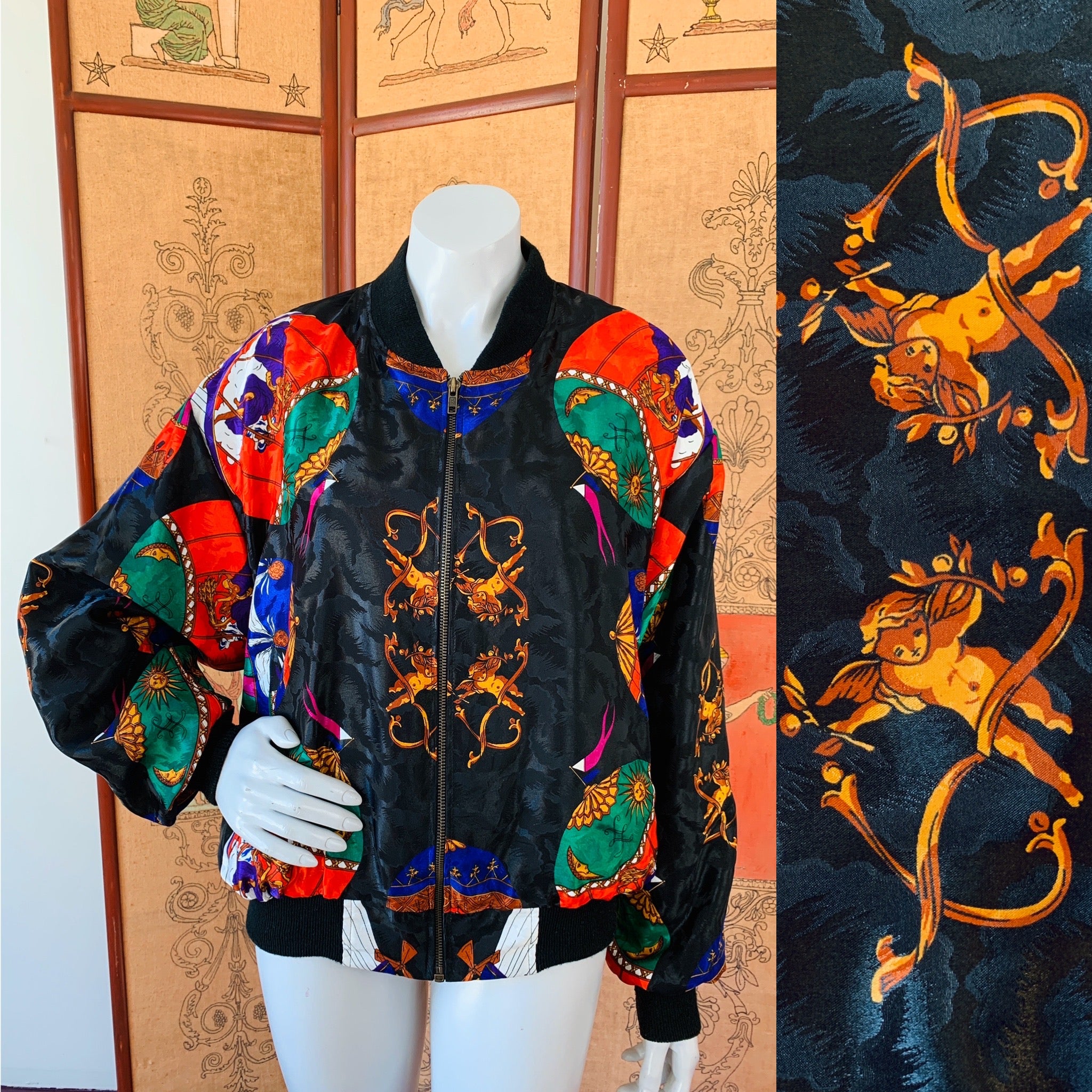 Hot Air Balloon Cherub Print 80s Jacket — vintage 1980s jacket in black, multicolour