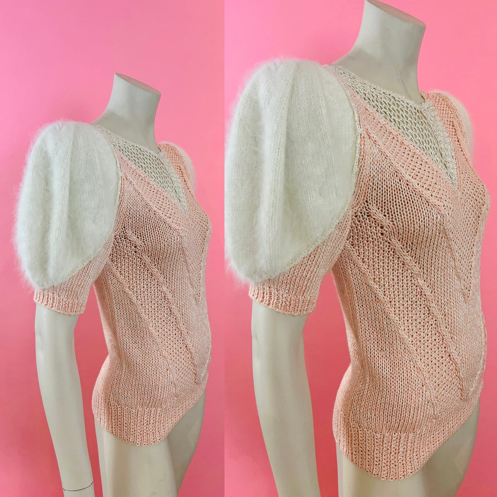 Nannell Soft Puff Sleeve Pink Angora Open Knit Sweater — vintage Nannell knit in pink