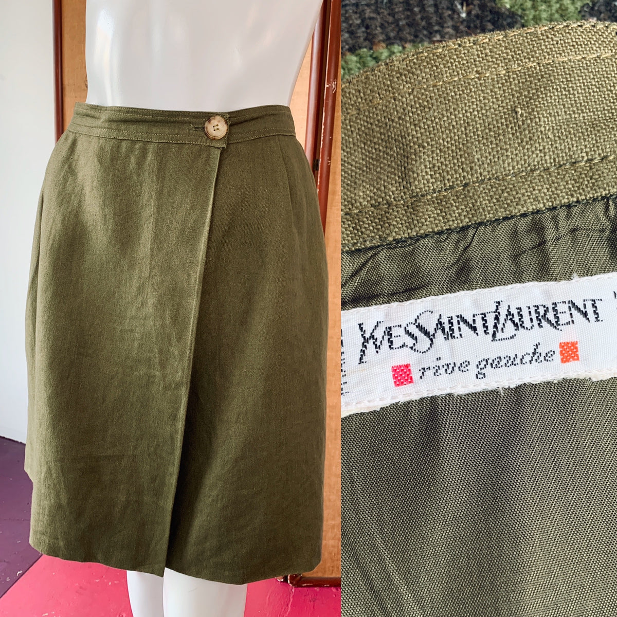 Yves Saint Laurent Rive Gauche Olive Linen Skirt with Pockets — vintage 1990s Yves Saint Laurent bottoms in green