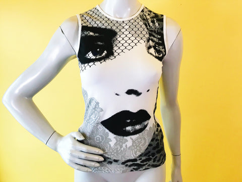 1990s Black & White Noir Femme Graphic Top. Sold exclusively at Empress Vintage in Berkeley, CA.