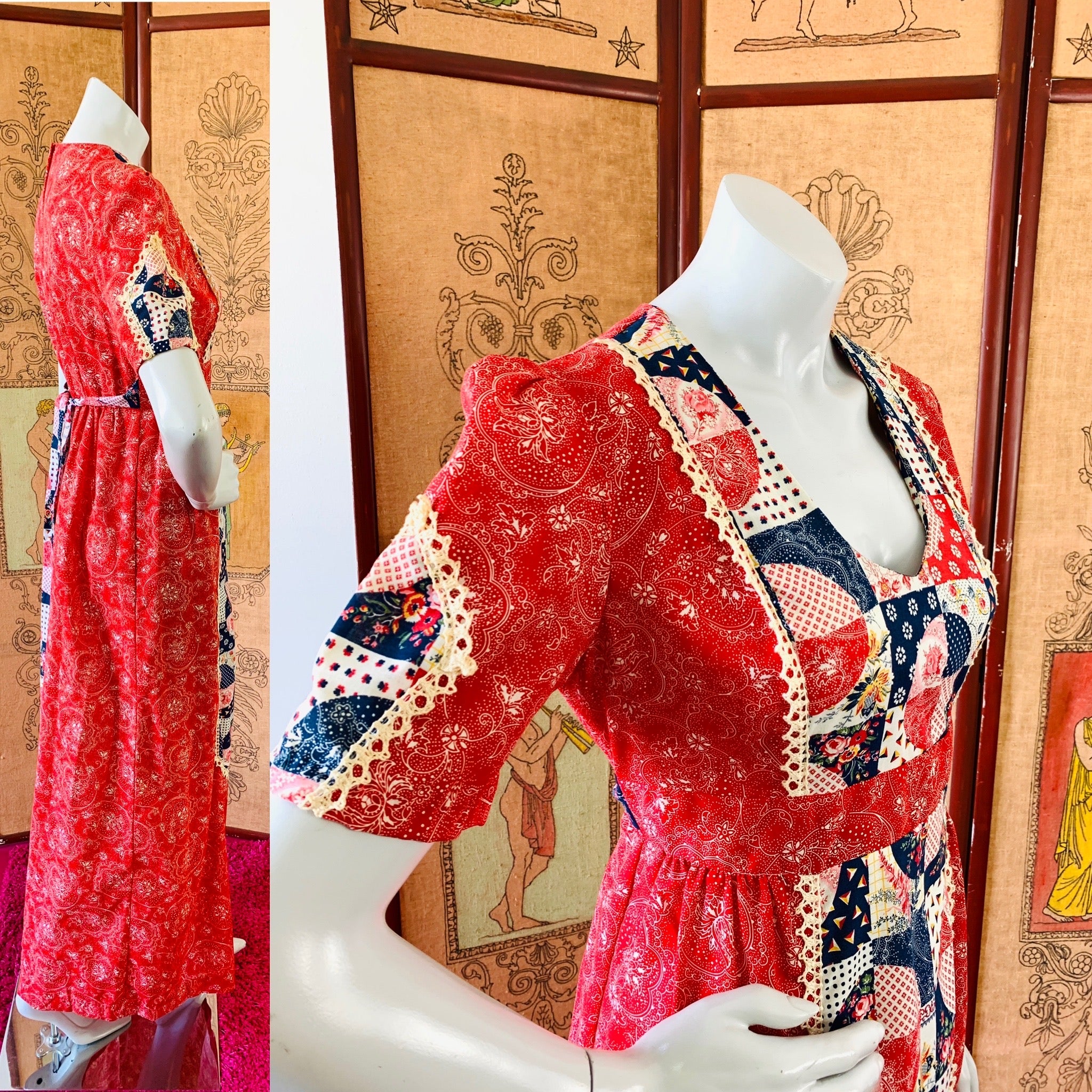 1970s red vintage boho maxi dress with amazing print.