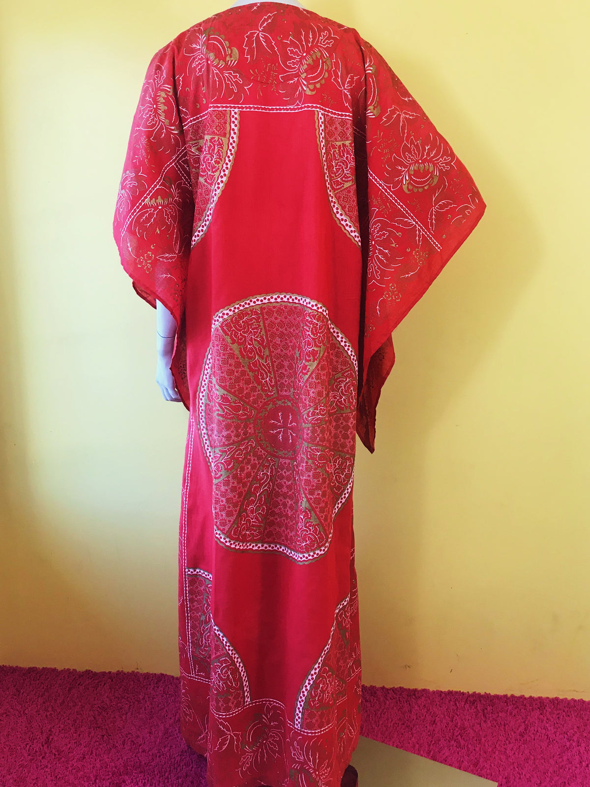 1970s Auburn Patterned Maxi Caftan Dress — vintage 1970s dress in red, gold