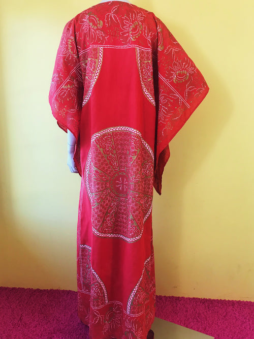 1970s Auburn Patterned Maxi Caftan Dress — vintage 1970s dress in red, gold