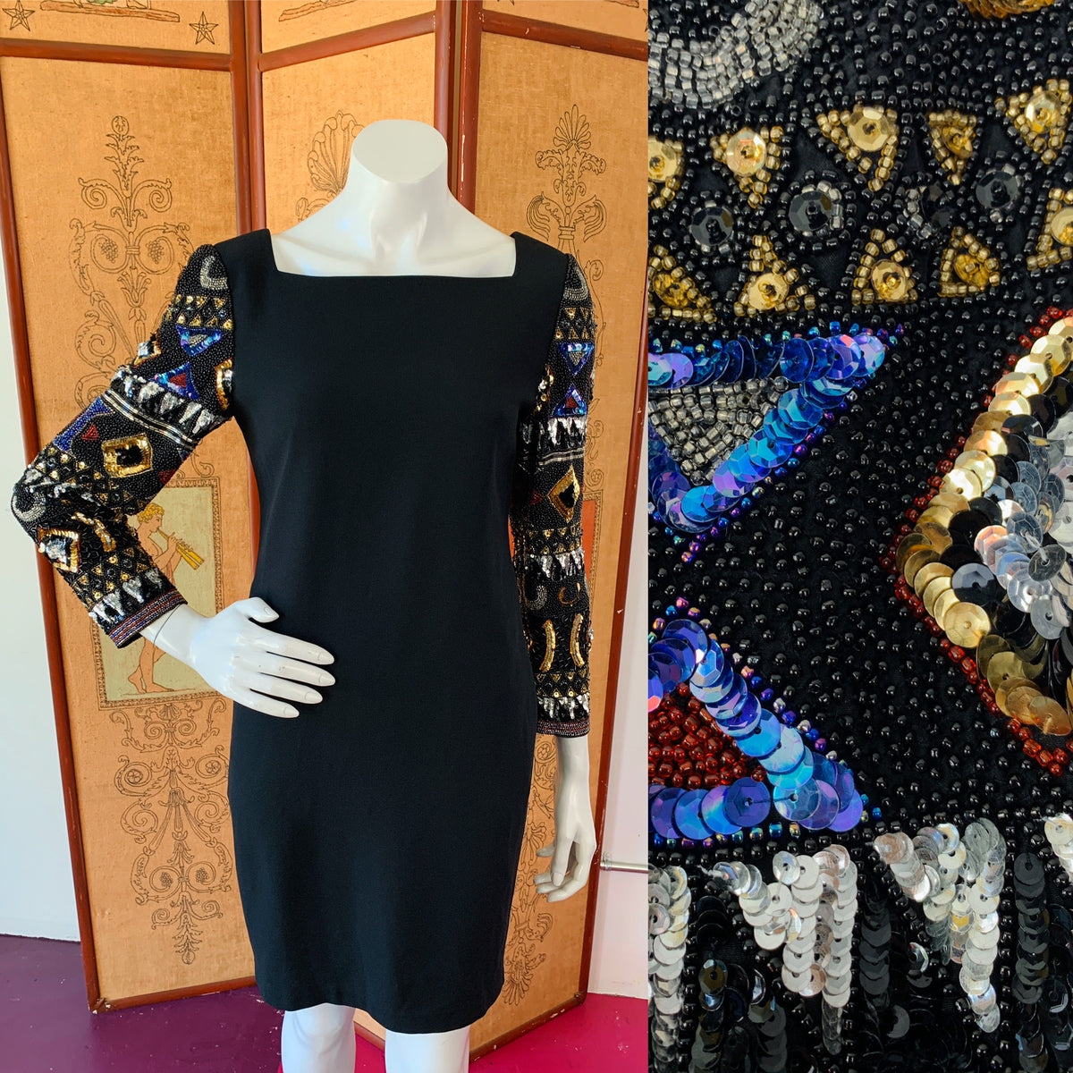 Black Party Dress with Sequin & Beaded Sleeves — vintage 1990s A.J. Bari dress in black