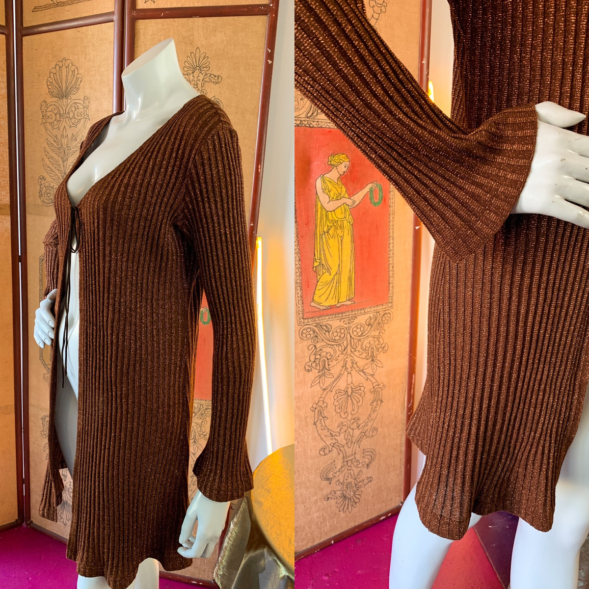 Groove is in the Heart 1990s Ribbed Metallic Copper Bell Sleeve Cardigan — vintage 1990s knit in brown