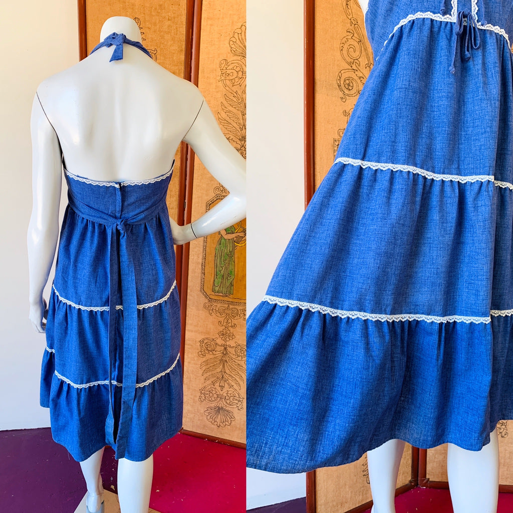 Blue 70s Tiered Halter Dress — vintage 1970s dress in blue