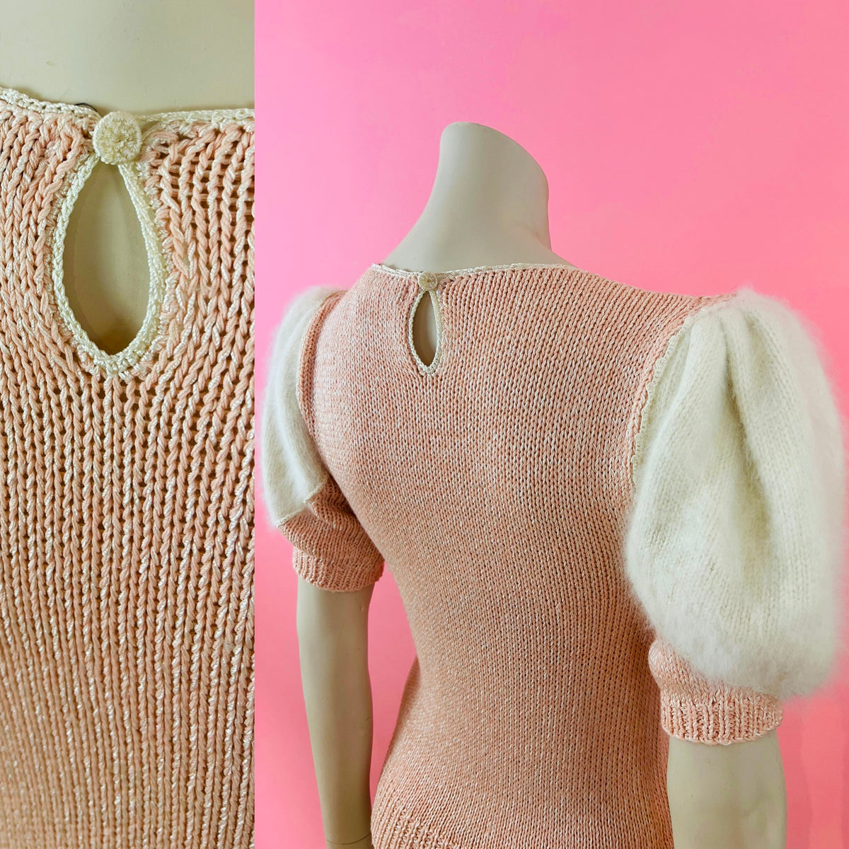 Nannell Soft Puff Sleeve Pink Angora Open Knit Sweater — vintage Nannell knit in pink