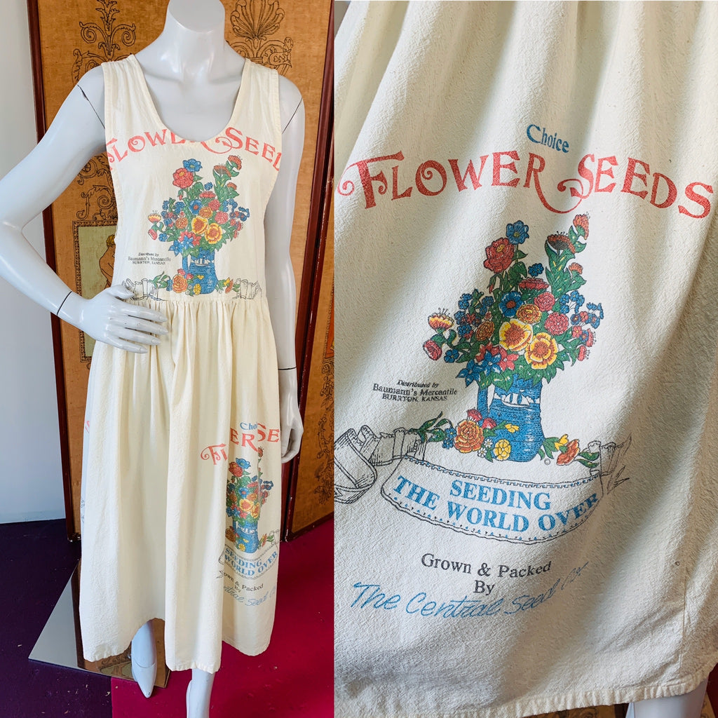 Cotton Flower Seed Sack Dress — vintage 1980s dress