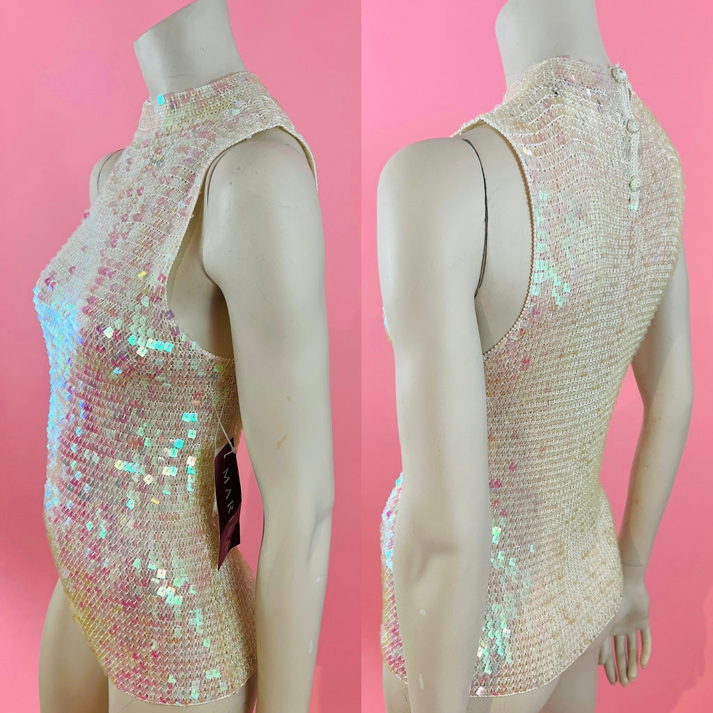 Iridescent Square Sequin White Rayon Knit Sleeveless Top — vintage Marina by Marina Bresler top in white