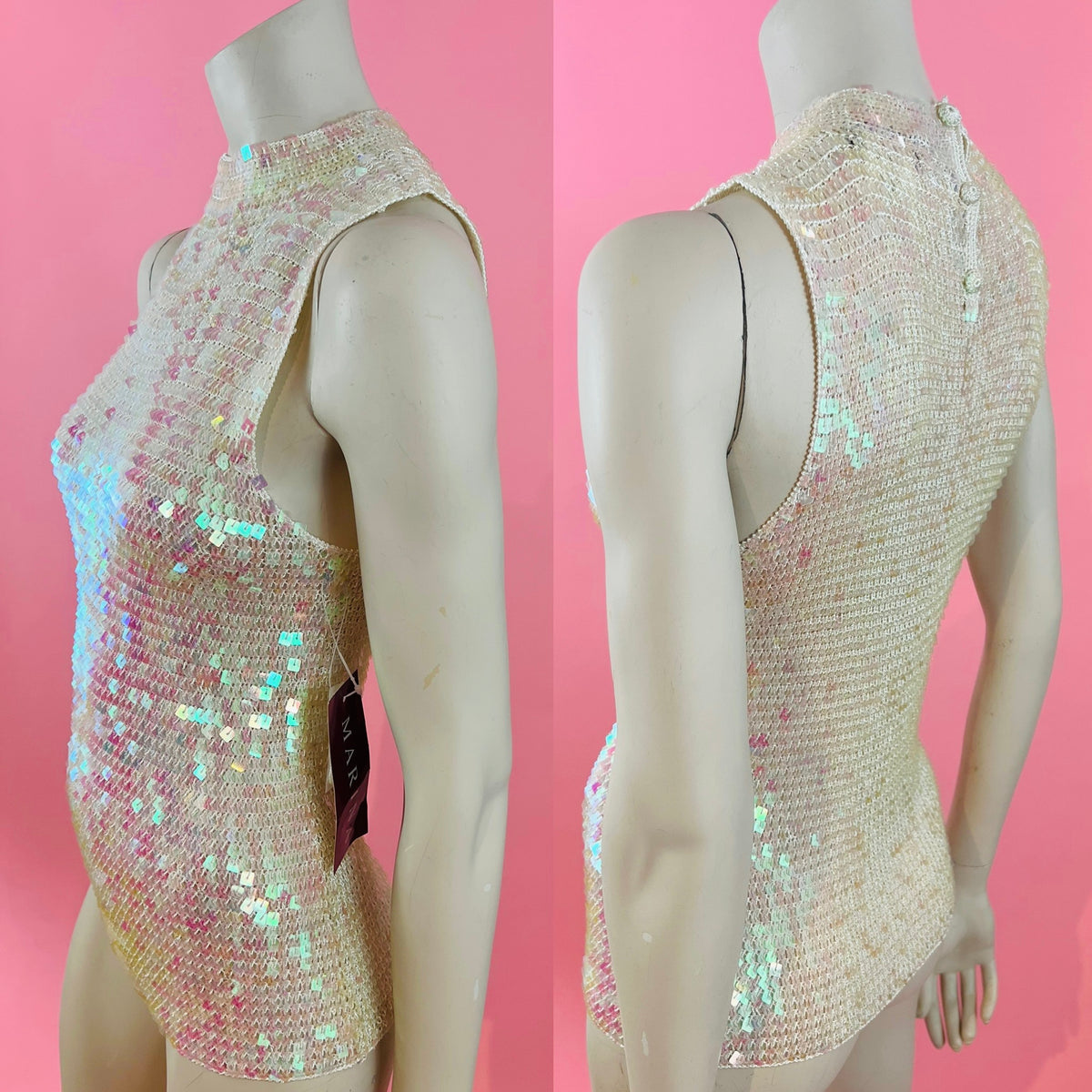 Iridescent Square Sequin White Rayon Knit Sleeveless Top — vintage Marina by Marina Bresler top in white