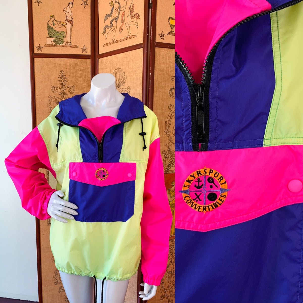 Colorblock Neon 90s Pullover Hooded Windbreaker — vintage 1990s knit in pink, green, purple