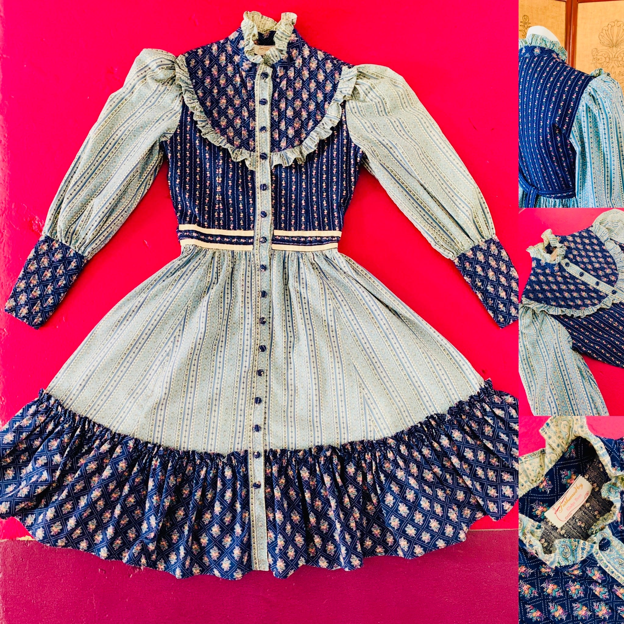 Blue Floral 1970s xs Handmade Pintuck Prairie Dress — vintage 1970s dress in blue