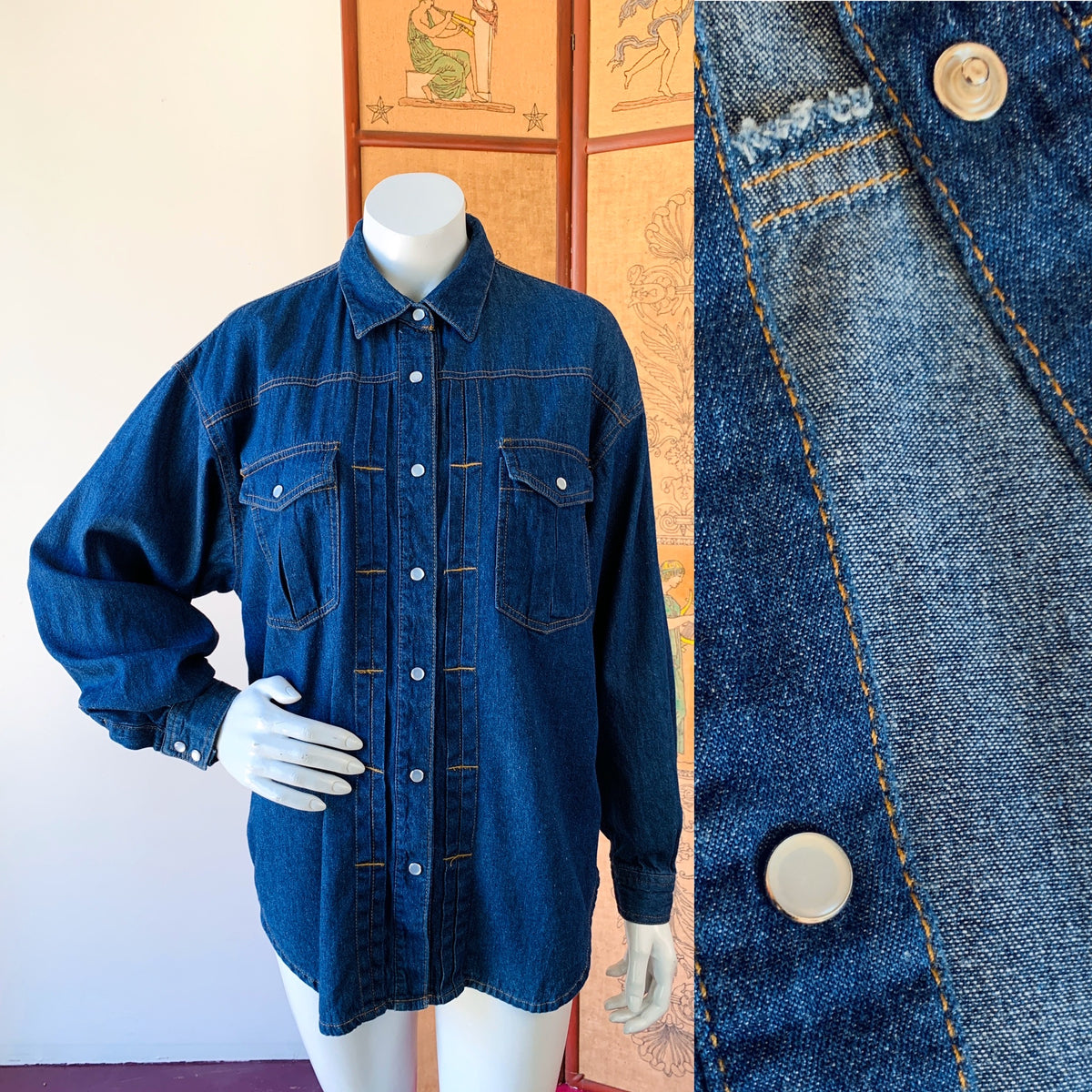 Denim Pearl Snap Long Sleeve Shirt — vintage 1990s top in blue