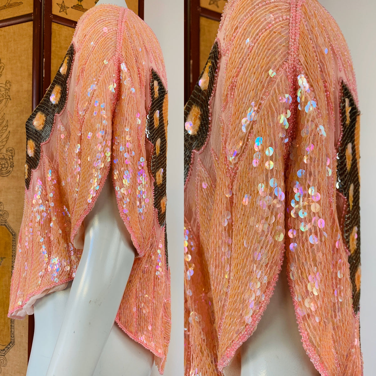 Pink Sequin Butterfly Silk Blouse — vintage 1980s top in pink