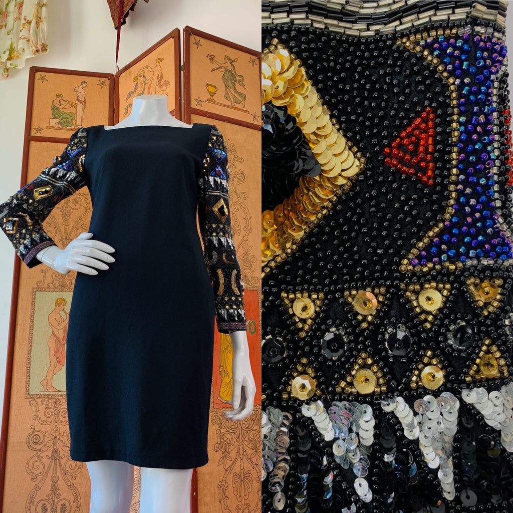 Black Party Dress with Sequin & Beaded Sleeves — vintage 1990s A.J. Bari dress in black