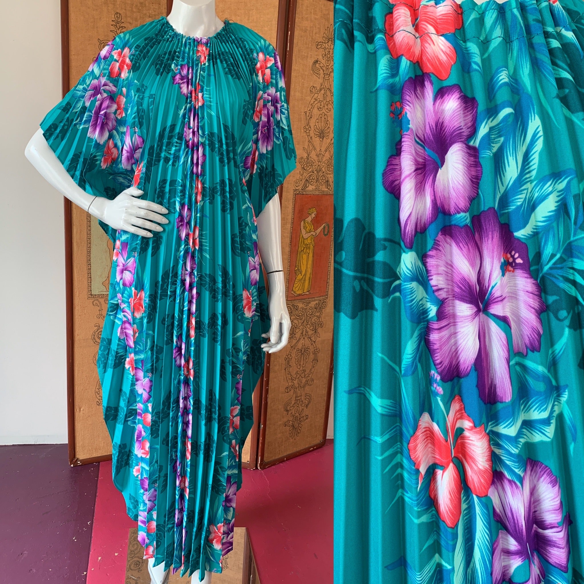 Tropical Green Crystal Pleated 70s Caftan — vintage 1970s caftan in green