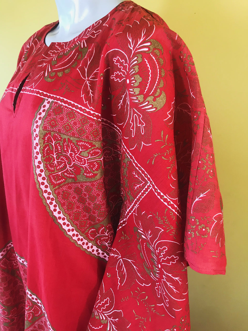 1970s Auburn Patterned Maxi Caftan Dress — vintage 1970s dress in red, gold