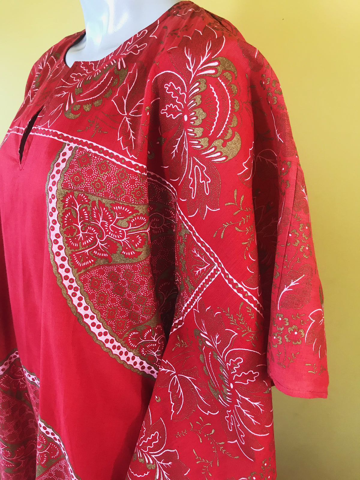 1970s Auburn Patterned Maxi Caftan Dress — vintage 1970s dress in red, gold