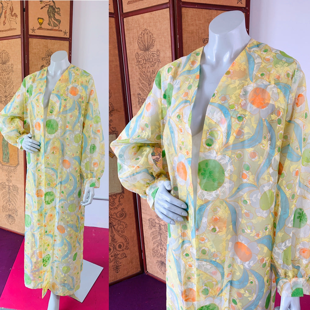 Psychedelic Sheer Flocked 1970s Duster — vintage 1970s caftan in multicolour
