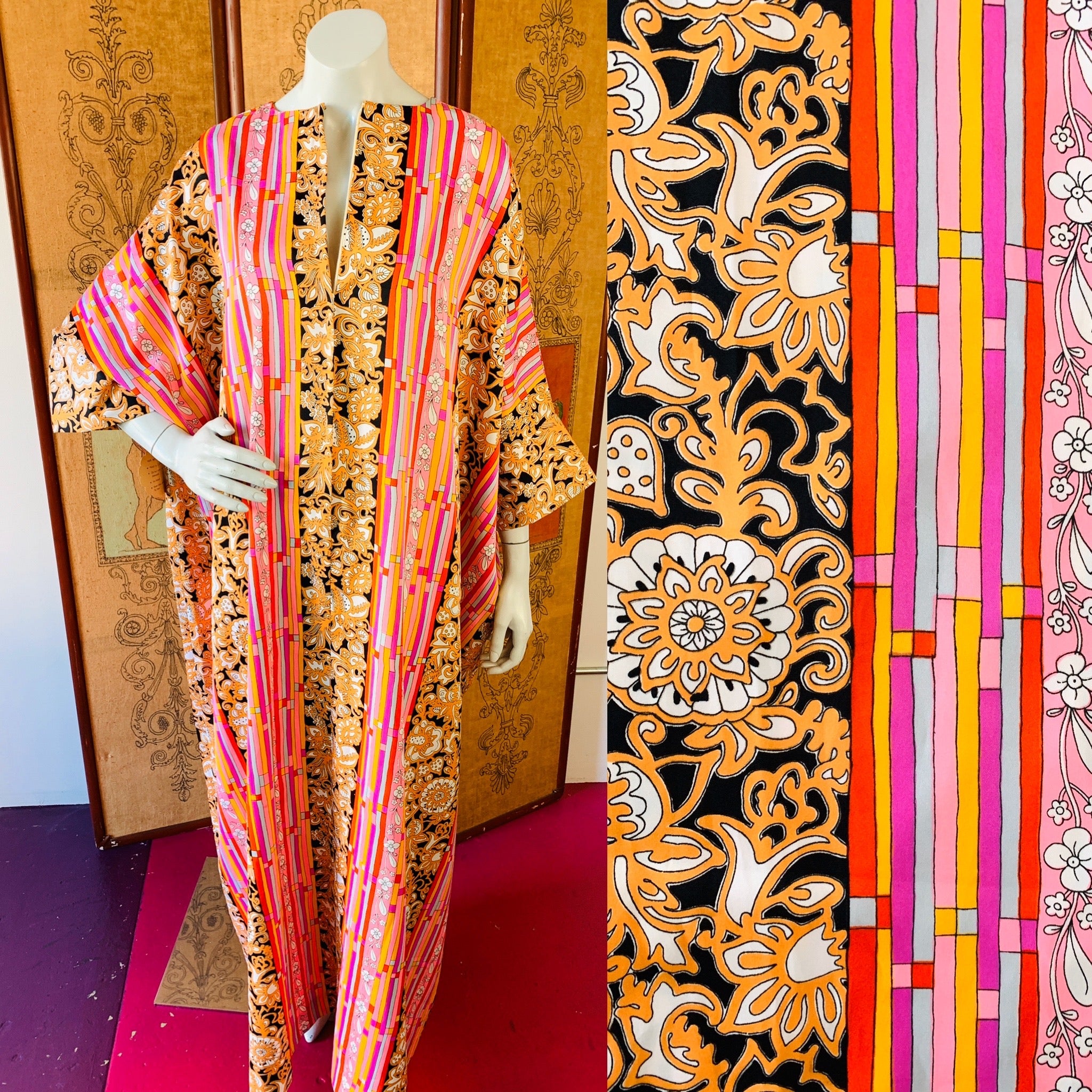 Pink Floral & Striped Deadstock 1970s Caftan — vintage 1970s caftan in pink