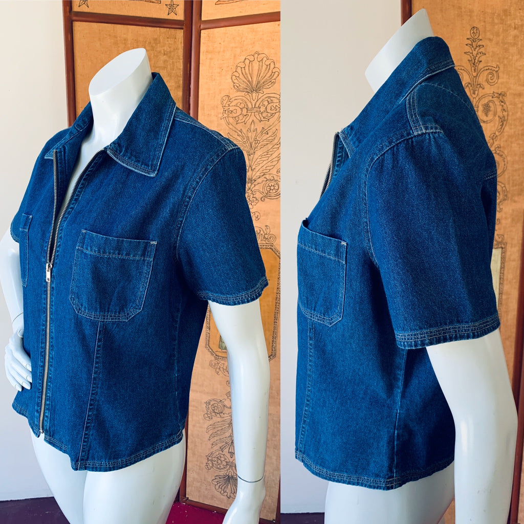 Bill Blass Zip Up Denim Short Sleeve Shirt — vintage Bill Blass top in blue