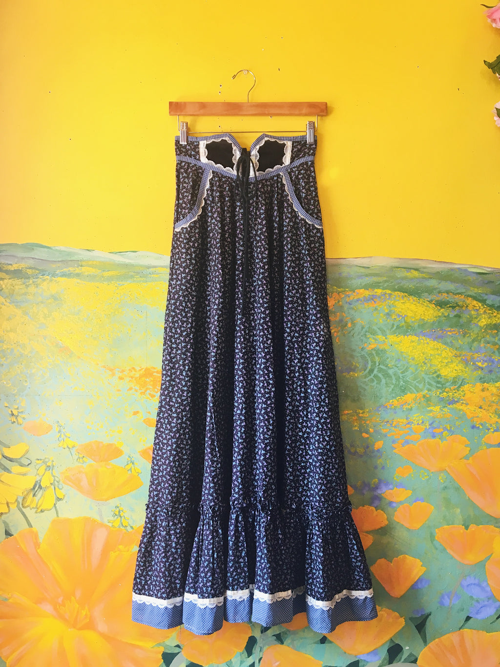 SOLD Navy Blue Floral Gunne Sax Skirt with Lace-Up Waistline — vintage Gunne Sax bottoms in blue