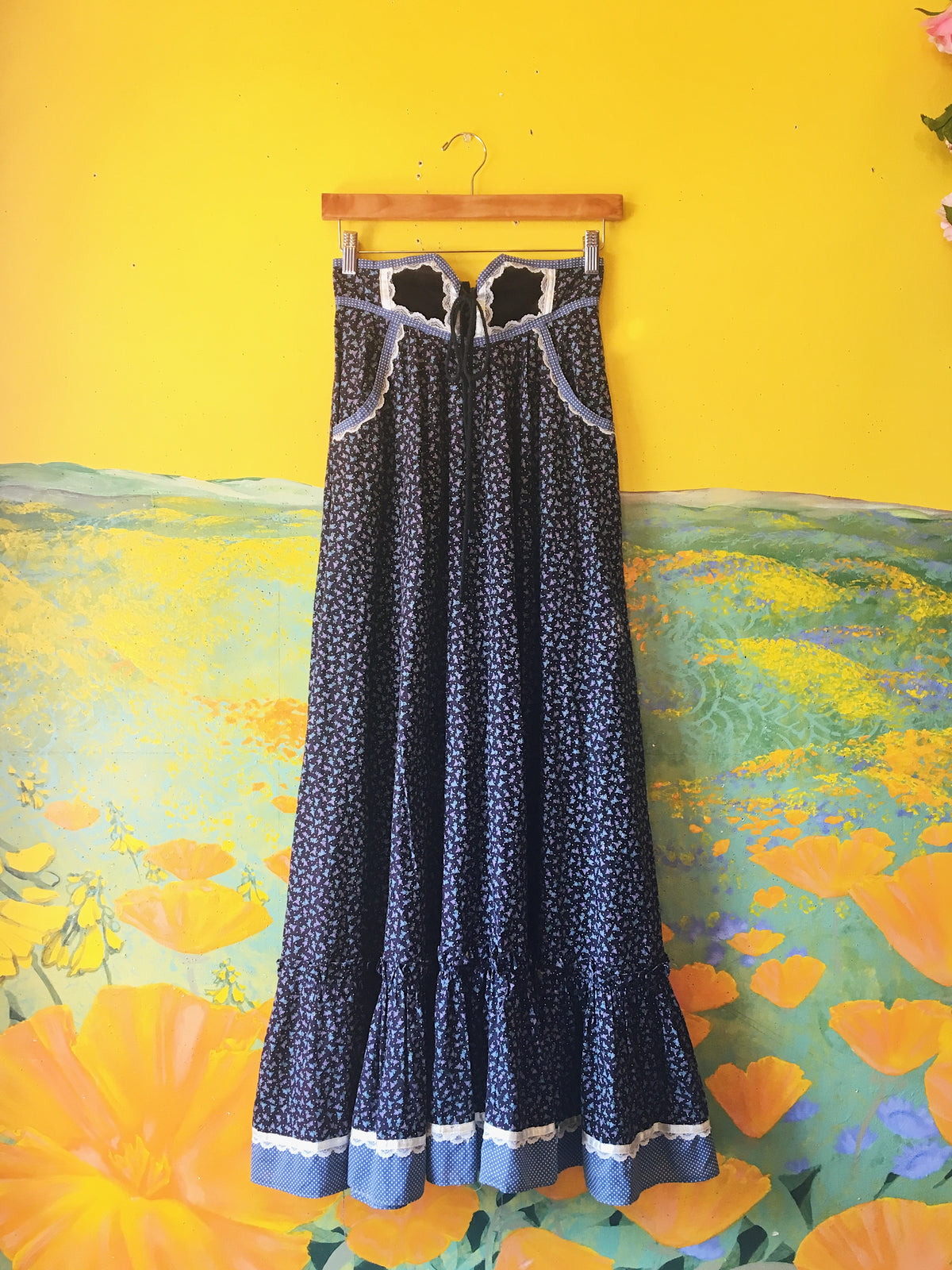 SOLD Navy Blue Floral Gunne Sax Skirt with Lace-Up Waistline — vintage Gunne Sax bottoms in blue