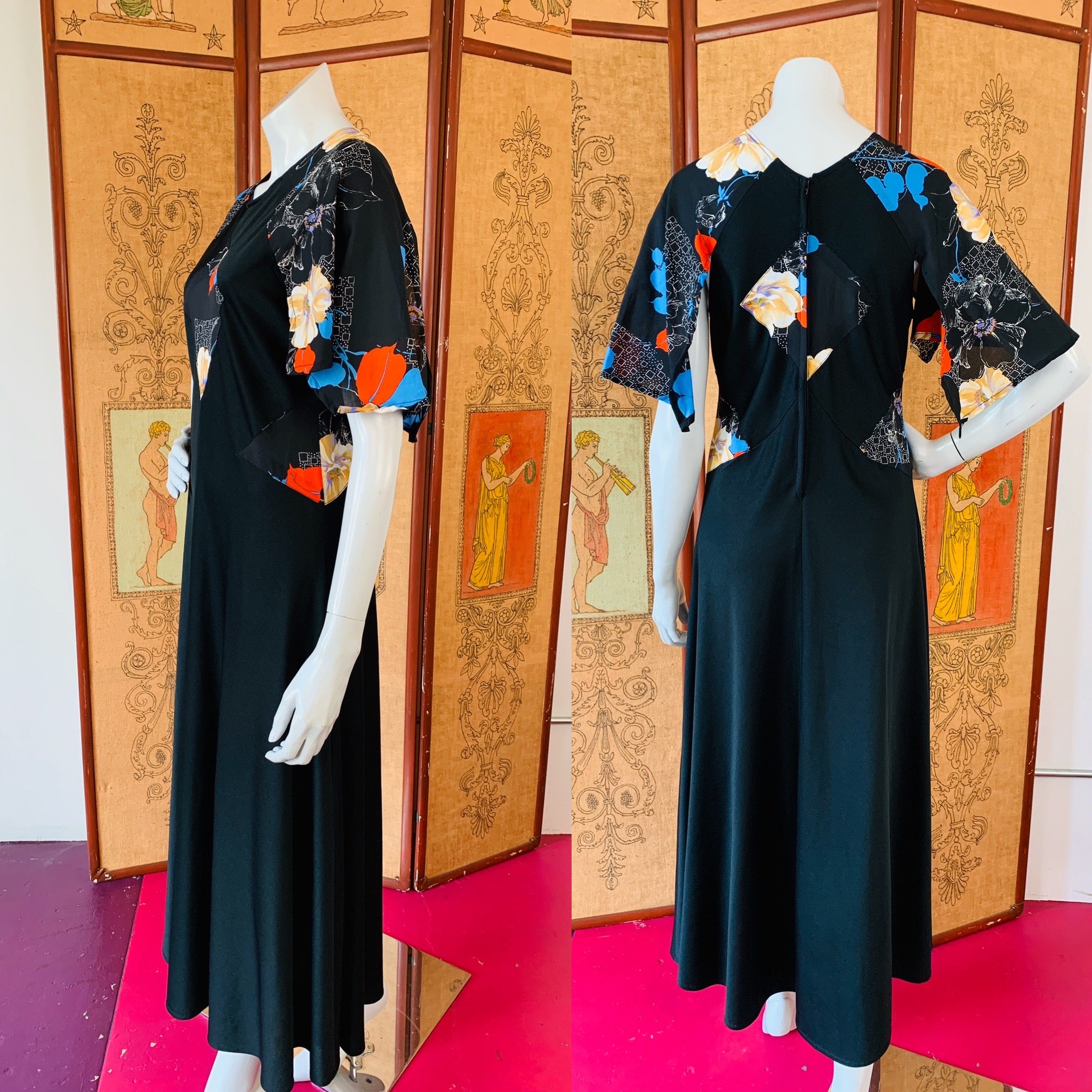 Black 1970s Semi-Sheer Paneled Angel Sleeve Maxi Dress — vintage 1970s dress in black