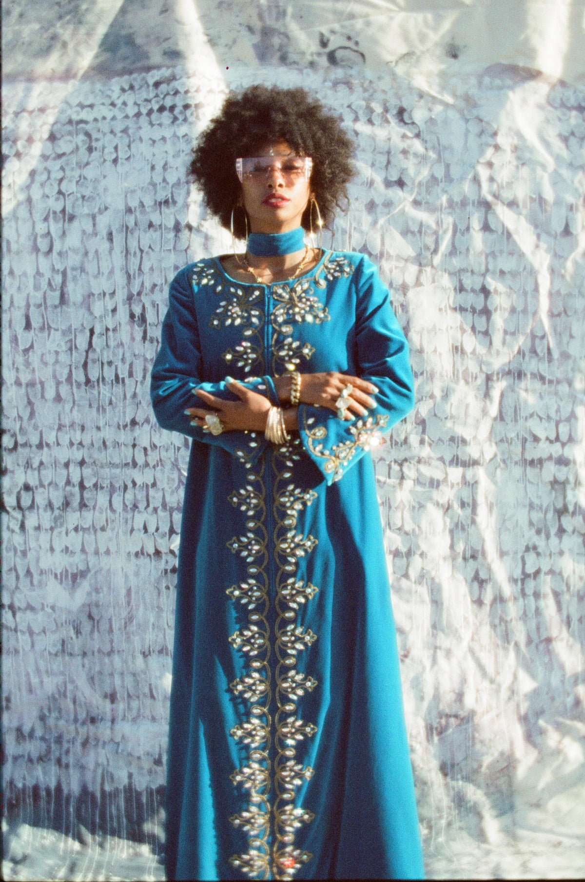 Turquoise High Priestess 1960s Bejeweled Velvet Caftan — vintage 1960s Malouf Design caftan in blue